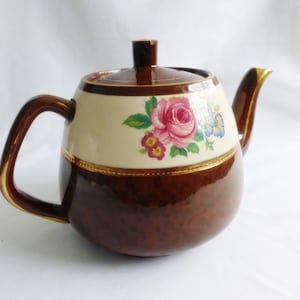 Chocolate Brown Speckled Pink Rose Tea Pot Hand Crafted Hand Painted by Arthur Wood of England 14 kt gold