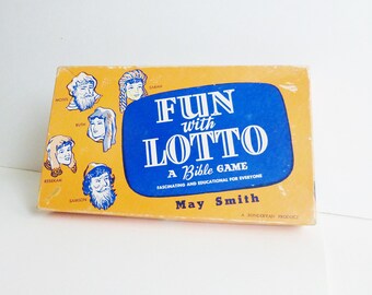 May include: A yellow box with a blue rectangle in the center. The box has a picture of people with biblical names and the text "FUN with LOTTO A Bible GAME FASCINATING AND EDUCATIONAL FOR EVERYONE May Smith A ZONDERVAN PRODUCT".