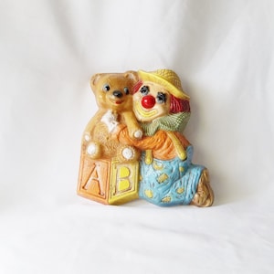 Clown and TeddyBear Wall Hanging Home Decor for Nursery Vintage Kitsch 1985