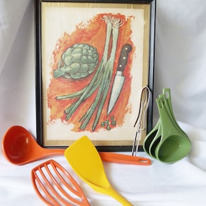 Vintage Lebensmittel Küche Art Illustration Print Artischocke grüne Zwiebel und Messer Mid Century Wanddekor