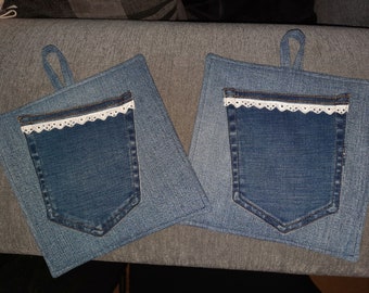 Jeans Topflappen mit Tasche und Baumwollspitze