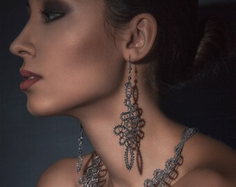 Lace Earrings - Baroque | Long Statement Earrings | Handmade Idrija Lace Jewelry | Made in Slovenia | 13th Wedding Anniversary Gift for Her