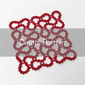 Op de afbeelding: Digitaal weergegeven rood kanten patroon met een herhalend bloemenontwerp. De woorden "Digital Pattern" zijn over een grijze rechthoek geplaatst. De achtergrond is wit.