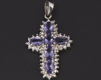 Plata de Ley Pave Tanzanite & Diamond Accent Religious Cross Colgante 2.5g