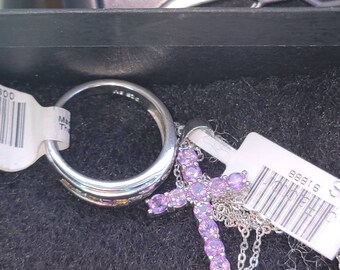 Anillo de Plata Multistone tamaño7 & Cruz de Amatista con Collar de Cadena 16"