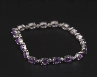 Plata de Ley - DESIGNER Amethyst & Diamond Pulsera de Tenis 7.5" - 12g