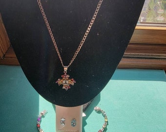 Vntg.Multistone Cross con Collar 26", Nuevos Pendientes De Topacio, Pulsera Multistone 7.5"long&Multistone Ring size7 Solid Sterling Silver 925
