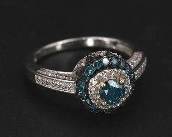 Plata de Ley SIGNED JS Pave Diamond Cocktail Ring Tamaño 7 - 3g