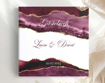 Personalized wedding guest book | Burgundy Gold Wedding Guest Book | With questions | Photo book album