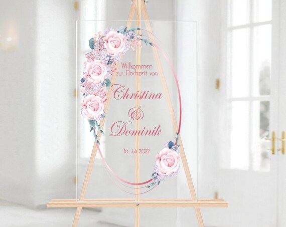 Acryl Hochzeitsschild Rose, Willkommensschild Plexiglas, Willkommen zur Hochzeit