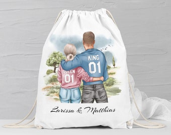 Queen und King Rucksack mit Namen personalisierbar | Pärchen Turnbeutel Geschenk