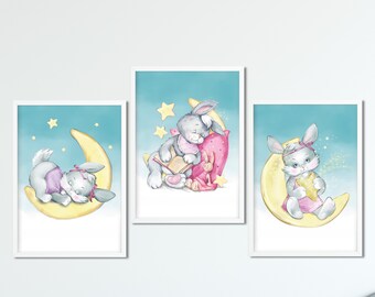 Bunny Kids Poster Set | Mural set of 3 | Good night decoration pictures | Bunny pictures children's room