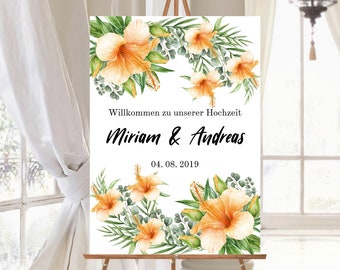 Personalized wedding welcome sign | Wedding sign with tropical flowers