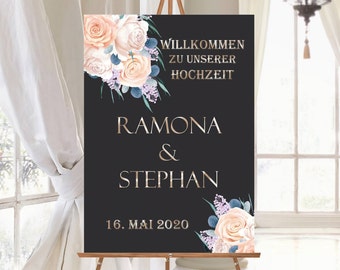 Personalizable welcome sign for the wedding - black wedding sign with roses