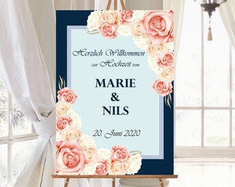Navy Coral Wedding Sign Personalized | Welcome sign canvas and poster