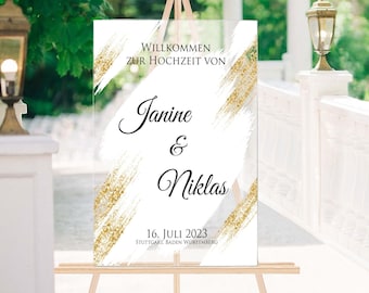 Hochzeitsschild Acrylglas Willkommen zur Hochzeit personalisierbar - weiß gold Willkommensschild - Acrylschild Plexiglas personalisiert