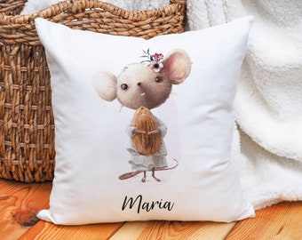 Oreiller prénom petite souris pour filles personnalisable | Coussin décoratif avec rembourrage | Taie d'oreiller 40x40 | Cadeau d'oreiller avec nom