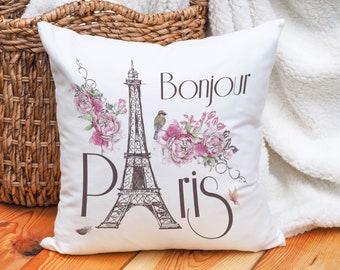 Eiffel Tower Cushion Bonjour Paris | Throw Pillow France | Pillow with filling | Pillowcase 40x40 | Travel gift moving