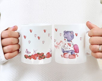 Valentijnsdag mok Teddybeer | Hey Sweety koffiemok | Aardbei hart koffiemok
