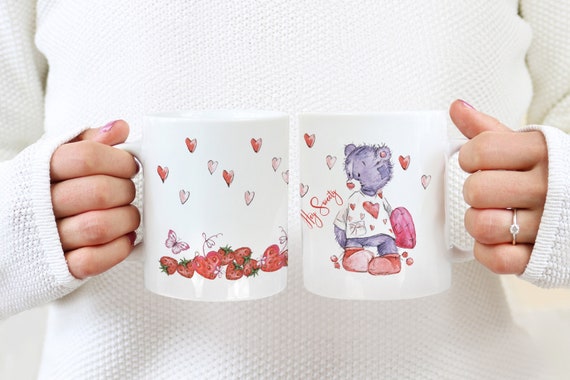 Valentinstag Tasse Teddybär | Hey Sweety Kaffeetasse | Erdbeer Herz Kaffeebecher