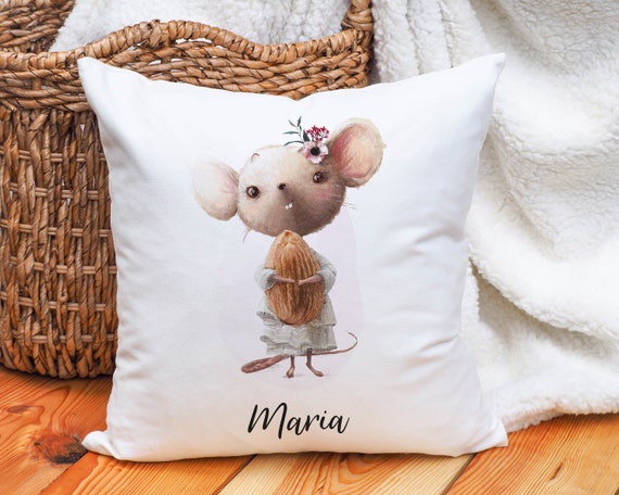 Namenskissen kleine Maus für Mädchen personalisierbar | Dekokissen mit Füllung | Kissenbezug 40x40 | Kissen Geschenk mit Namen