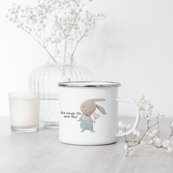 Hase Emaille Campingtasse | Sprüche Tasse | Geschenk aus Liebe | Valentinstag Becher