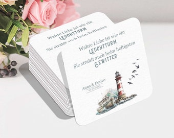 matrimonio sottobicchiere marittimo personalizzabile| Carta del libro degli ospiti del faro e della nave | Sottobicchieri stampati su entrambi i lati