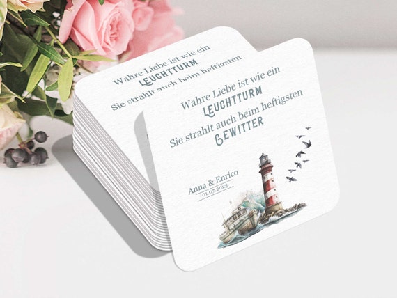 maritime Untersetzer Hochzeit personalisierbar| Leuchtturm und Schiff Gästebuchkarte | Bierdeckel beidseitig bedruckt