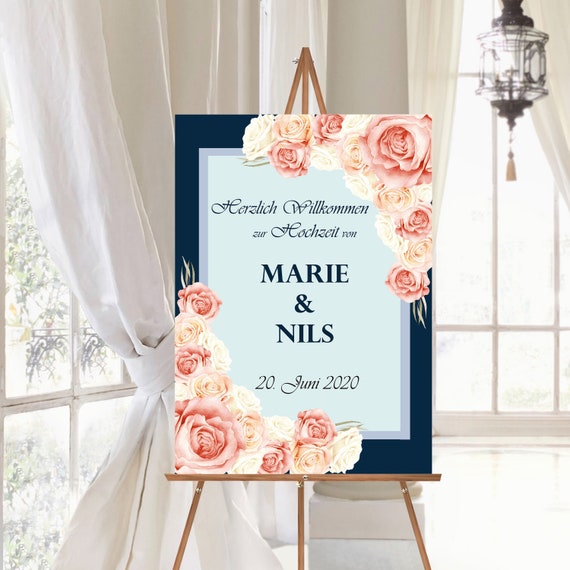 Navy Koralle Hochzeitsschild personalisierbar | Willkommensschild Leinwand und Poster