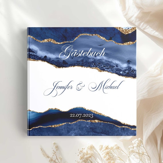 Gästebuch Hochzeit personalisiert | Navy-Gold Hochzeitsgästebuch mit Fragen