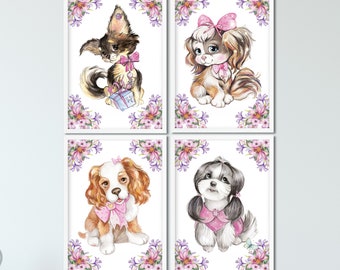 Children's room poster set dogs | Animals pictures set of 4 | Wall decoration baby room | Children