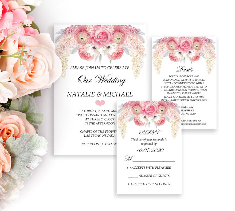 Flieder Und Rosen Einladung Vorlage Hochzeitseinladung Set Editierbare Pdf Einladungskarte Hochzeit Set Blumen Hochzeit 3 Er Set