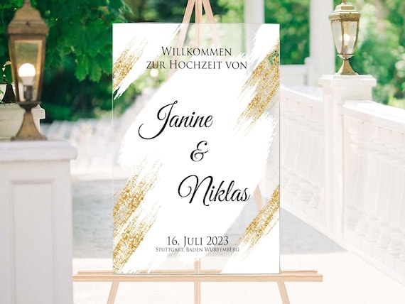 Hochzeitsschild Acrylglas Willkommen zur Hochzeit personalisierbar - weiß gold Willkommensschild - Acrylschild Plexiglas personalisiert