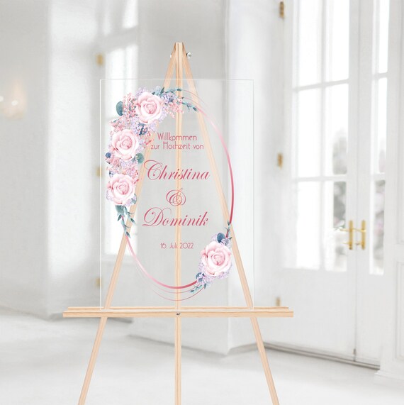 Acryl Hochzeitsschild mit Rosen personalisierbar | Willkommensschild Plexiglas - Willkommen zur Hochzeit