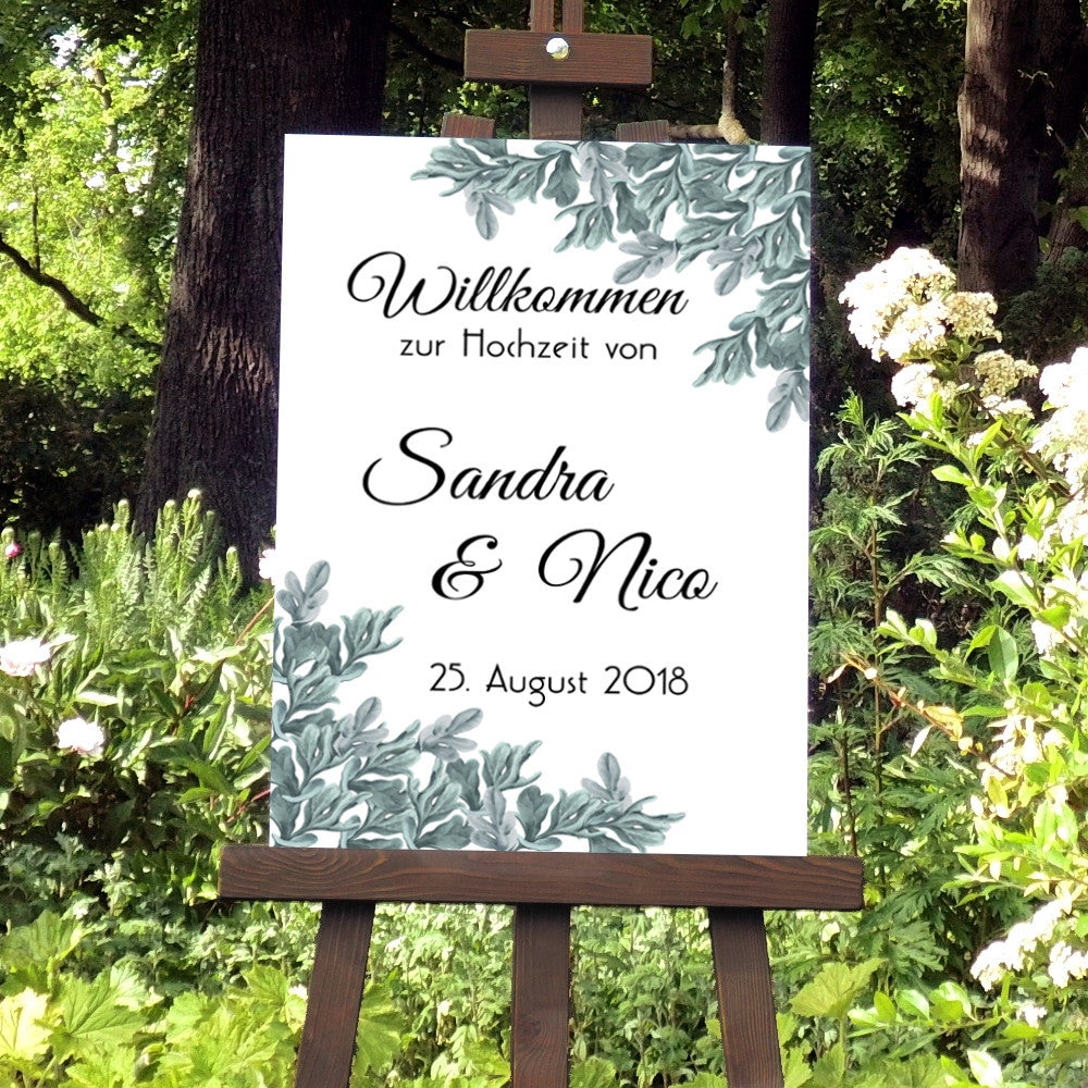 Hochzeitsschild personalisierbar Willkommensschild mit Blättern Hochzeitsschild personalisierbar Willkommensschild mit Blättern