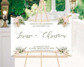 Signe de mariage acrylique personnalisé | Panneau de bienvenue bohème, décoration en herbe de pampa