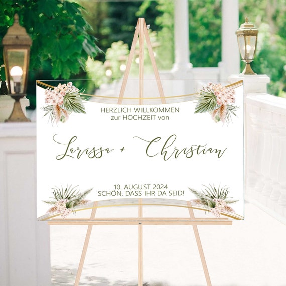 Acryl Hochzeit Schild personalisiert | Boho Willkommensschild Pampasgras Deko