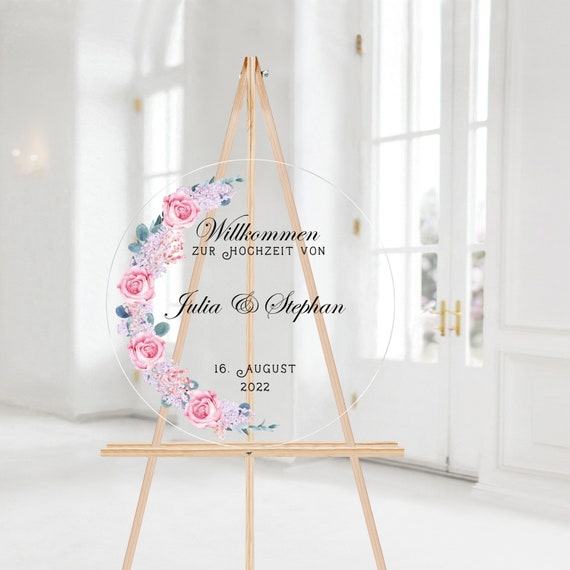 Acrylglas Hochzeitsschild mit Rosen personalisierbar | Hochzeitsschild rund und transparent - Willkommensschild
