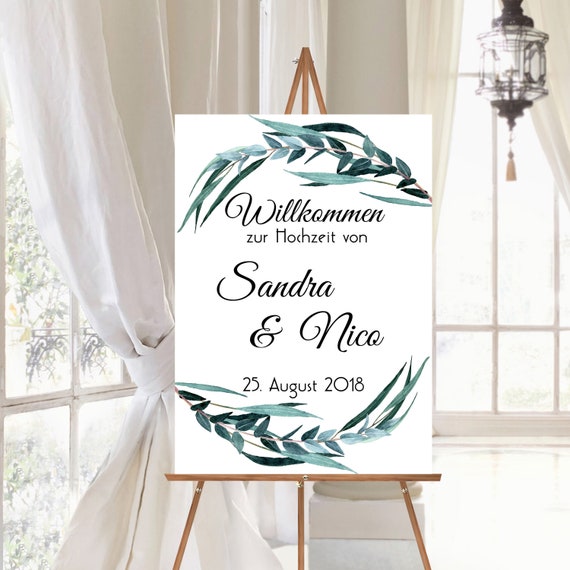 Willkommensschild für die Hochzeit personalisierbar | Greenery Hochzeitsschild