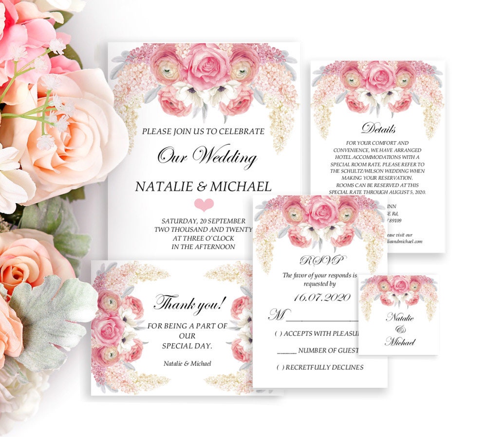 Flieder Und Rosen Hochzeitseinladung Set Einladung Hochzeit Vorlage Editierbare Pdf Blumen Hochzeit 5 Er Set Rsvp Detail Danke Karte