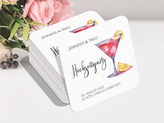 Bierdeckel Hochzeit personalisierbar | Quadratische Cocktail Untersetzer | Hochzeitsparty Tischdeko