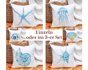 Maritime Dekokissen Strandhaus | Muschel Kissen mit Füllung | Seestern Kissen | Kissenbezug 40x40 | Kissen Set Strand und Meer Geschenkidee