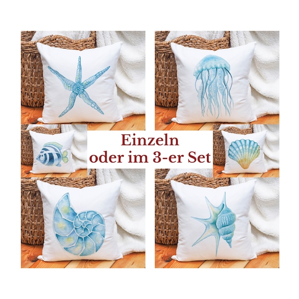 Maritime Dekokissen Strandhaus | Muschel Kissen mit Füllung | Seestern Kissen | Kissenbezug 40x40 | Kissen Set Strand und Meer Geschenkidee