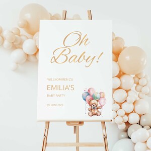 Babyparty Schild  Teddybär mit Namen und Datum | Baby Shower Poster | Leinwand