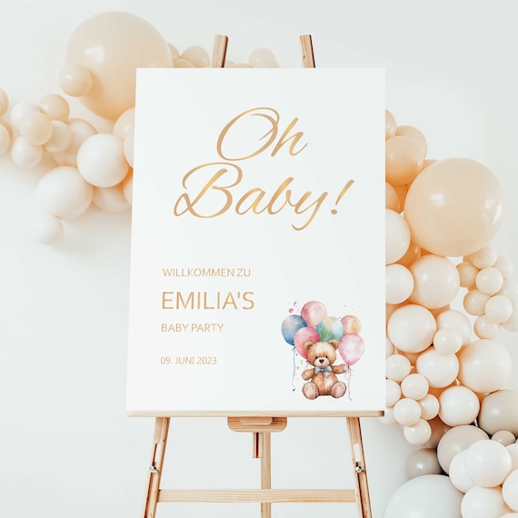 Babyparty Schild  Teddybär mit Namen und Datum | Baby Shower Poster | Leinwand