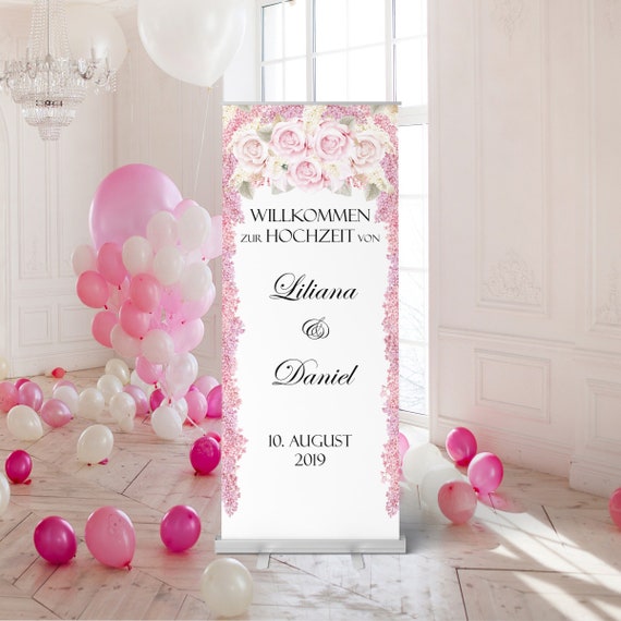 Hochzeitsbanner Flieder und Rosen personalisierbar | Willkommen zur Hochzeit Willkommensschild Banner für die Hochzeit | Hochzeitsschild