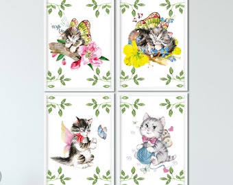 Cat Poster Set Children's Room | Animals wall pictures set of 4 | Decoration baby room | Children's murals