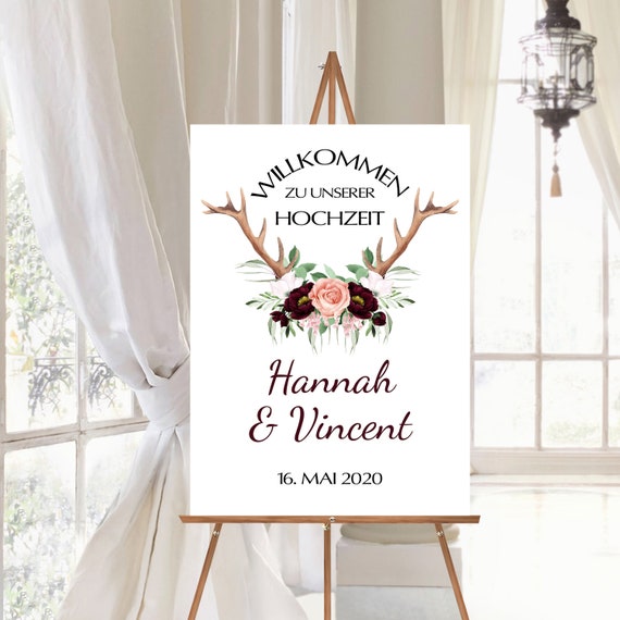 Geweih Willkommensschild für die Boho Hochzeit - personalisierbares Hochzeitsschild