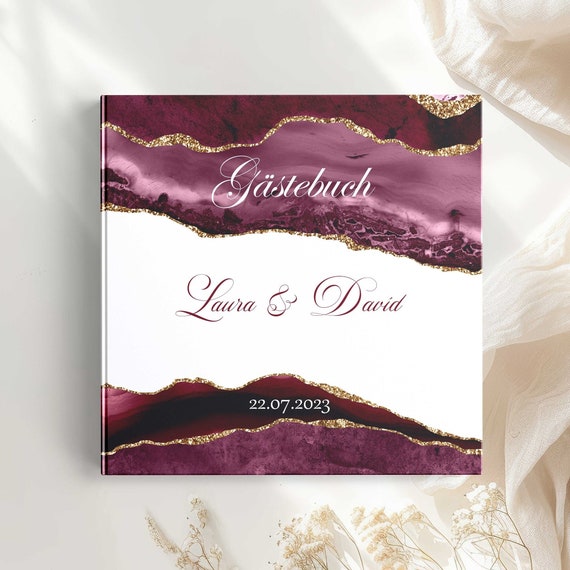 Gästebuch Hochzeit personalisierbar | Burgundy Gold Hochzeitsgästebuch | Mit Fragen | Fotobuch Album