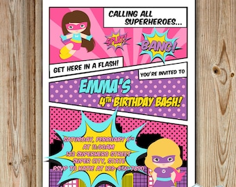 Superhero Girl Party Invitation / Girl Super Hero Birthday Invitation / Girl Superhero Birthday Party Invite / PINK Superhero -FILE to PRINT